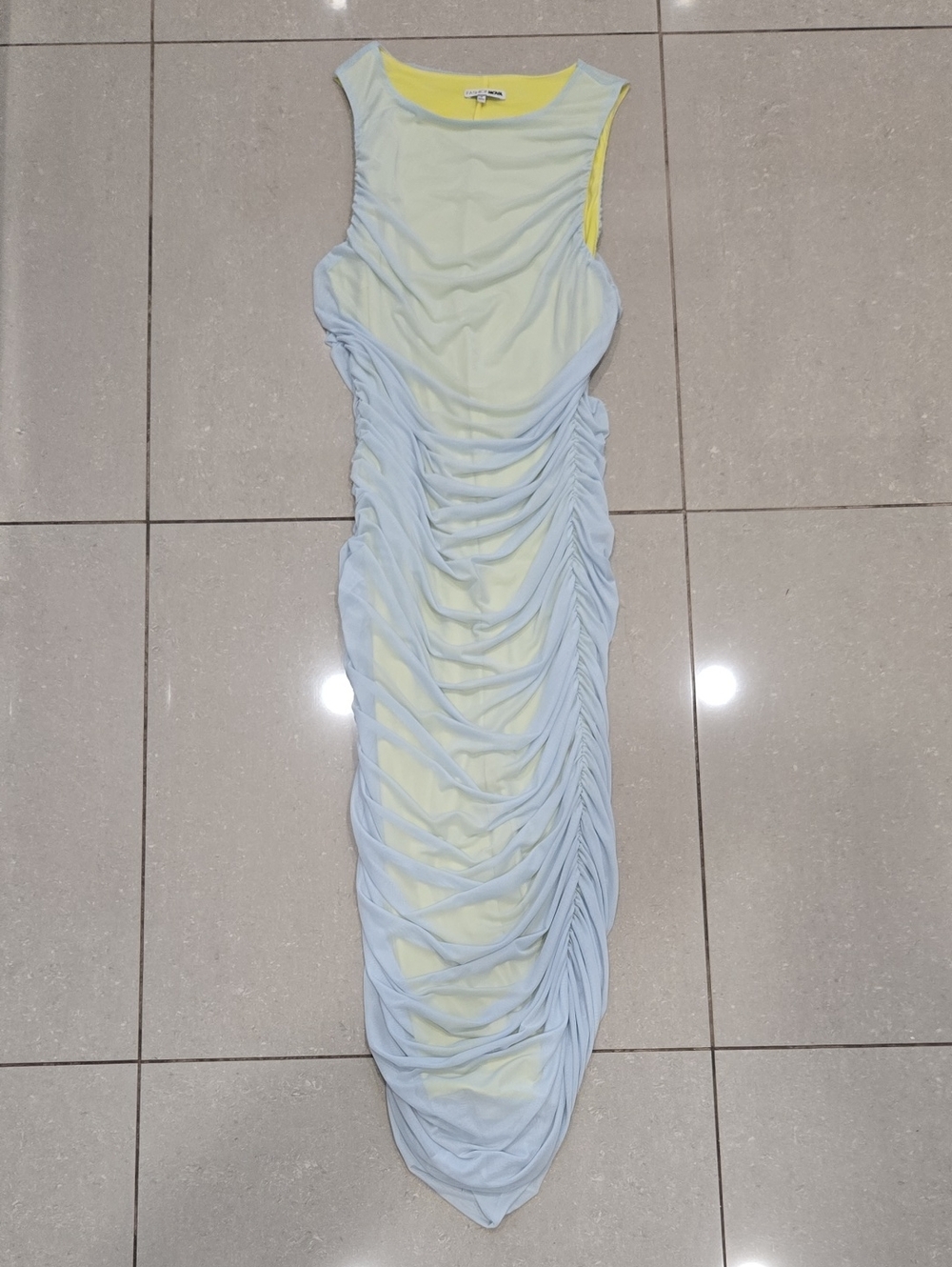 Fashion Nova Pale Yellow and Light Blue Ruched Maxi Dress